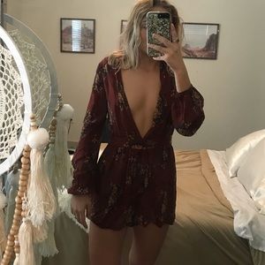Urban Outfitters Deep V Long Sleeve Maroon Romper